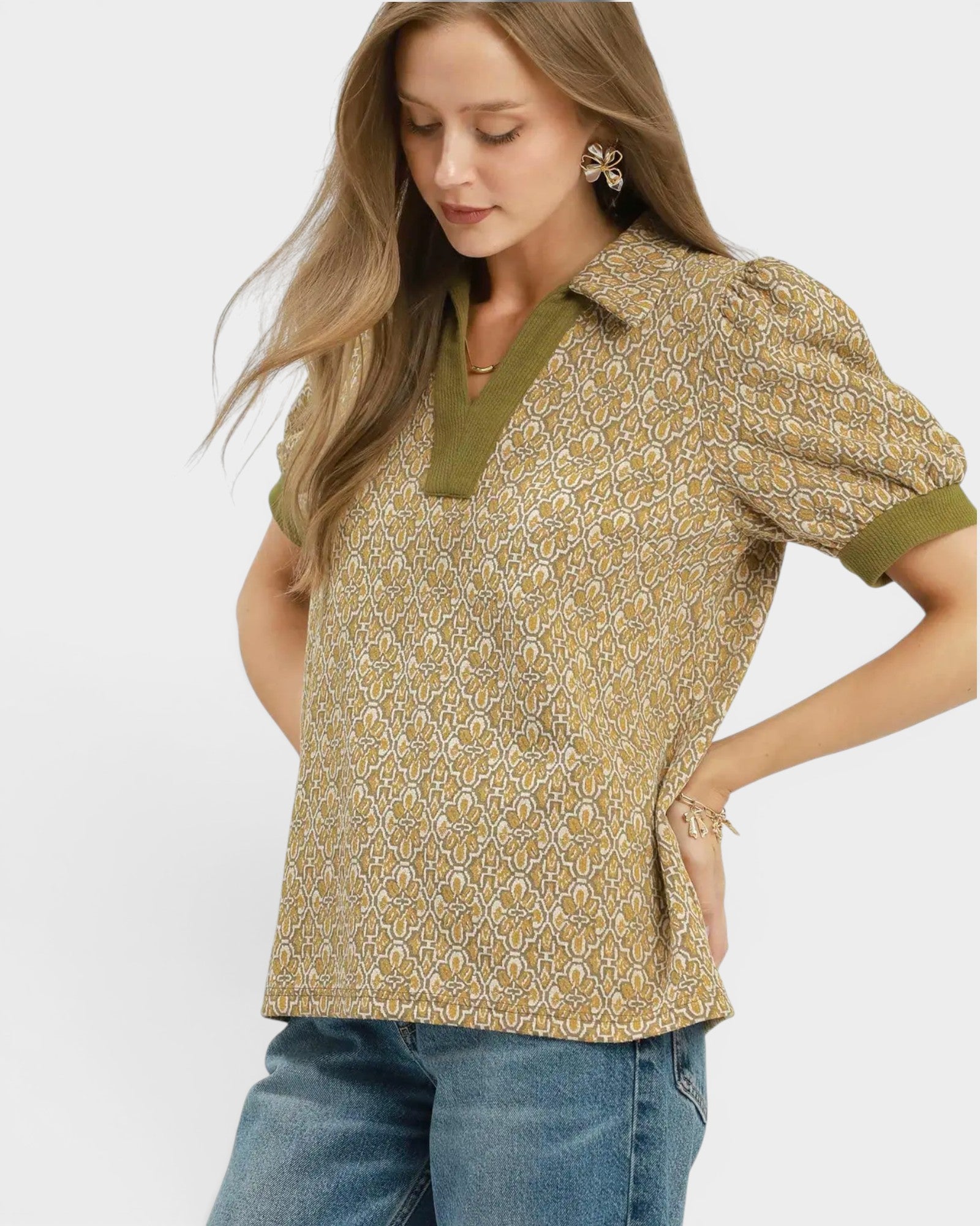 Mustard Puff Sleeve Collared Top