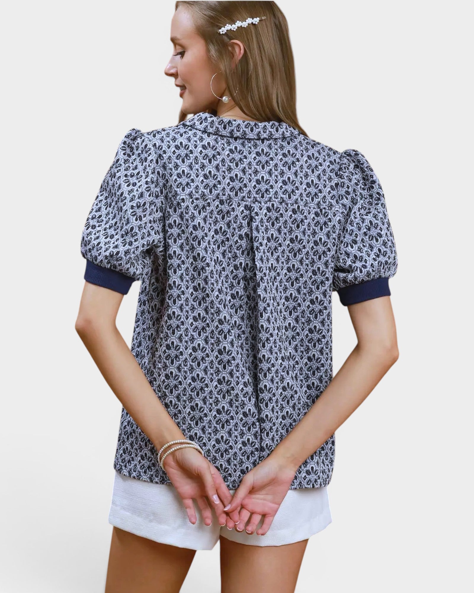 Denim Blue Puff Sleeve Collared Top