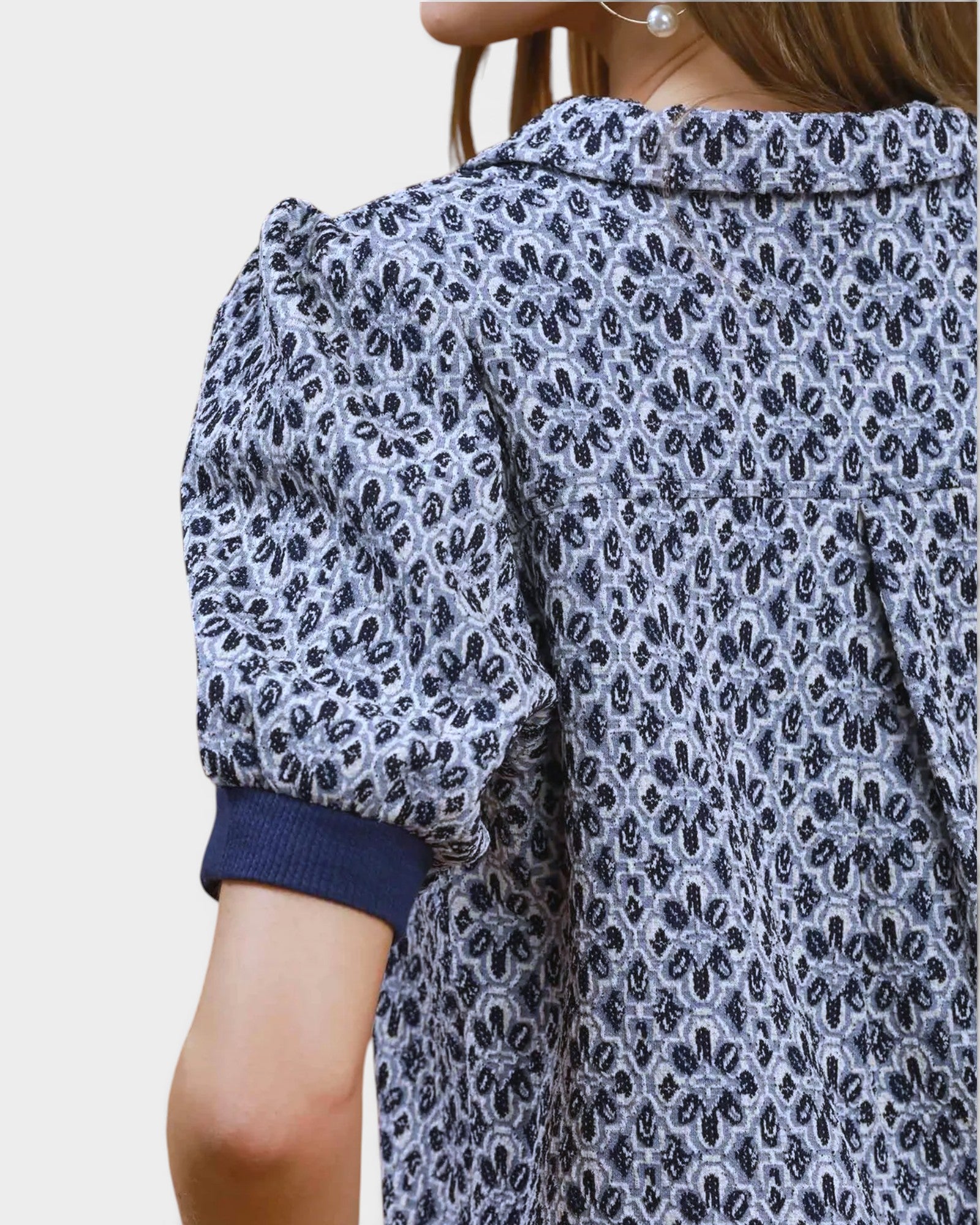 Denim Blue Puff Sleeve Collared Top