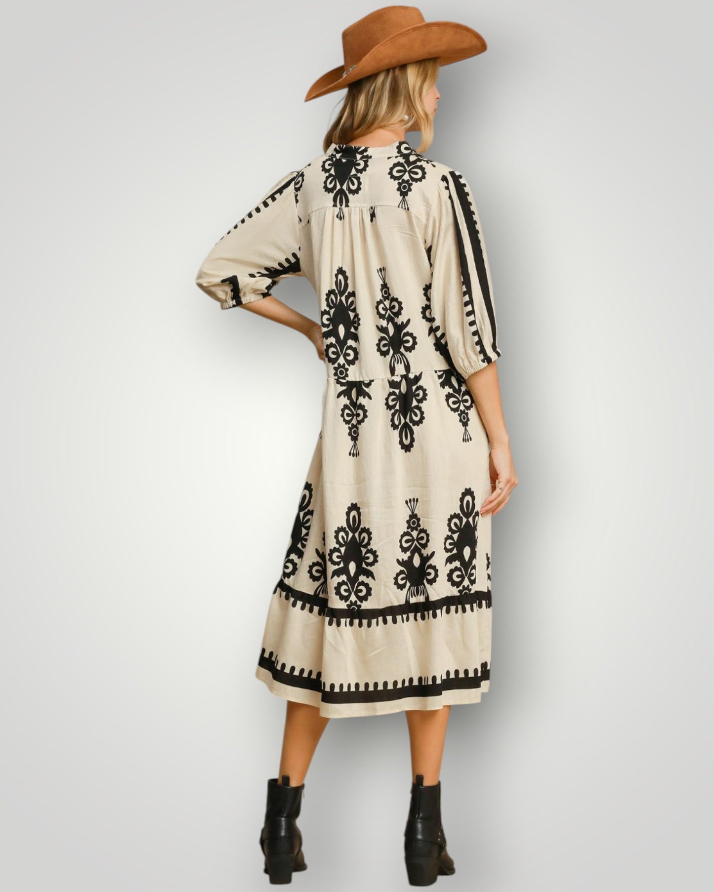 Ivory & Black Printed Midi Dress