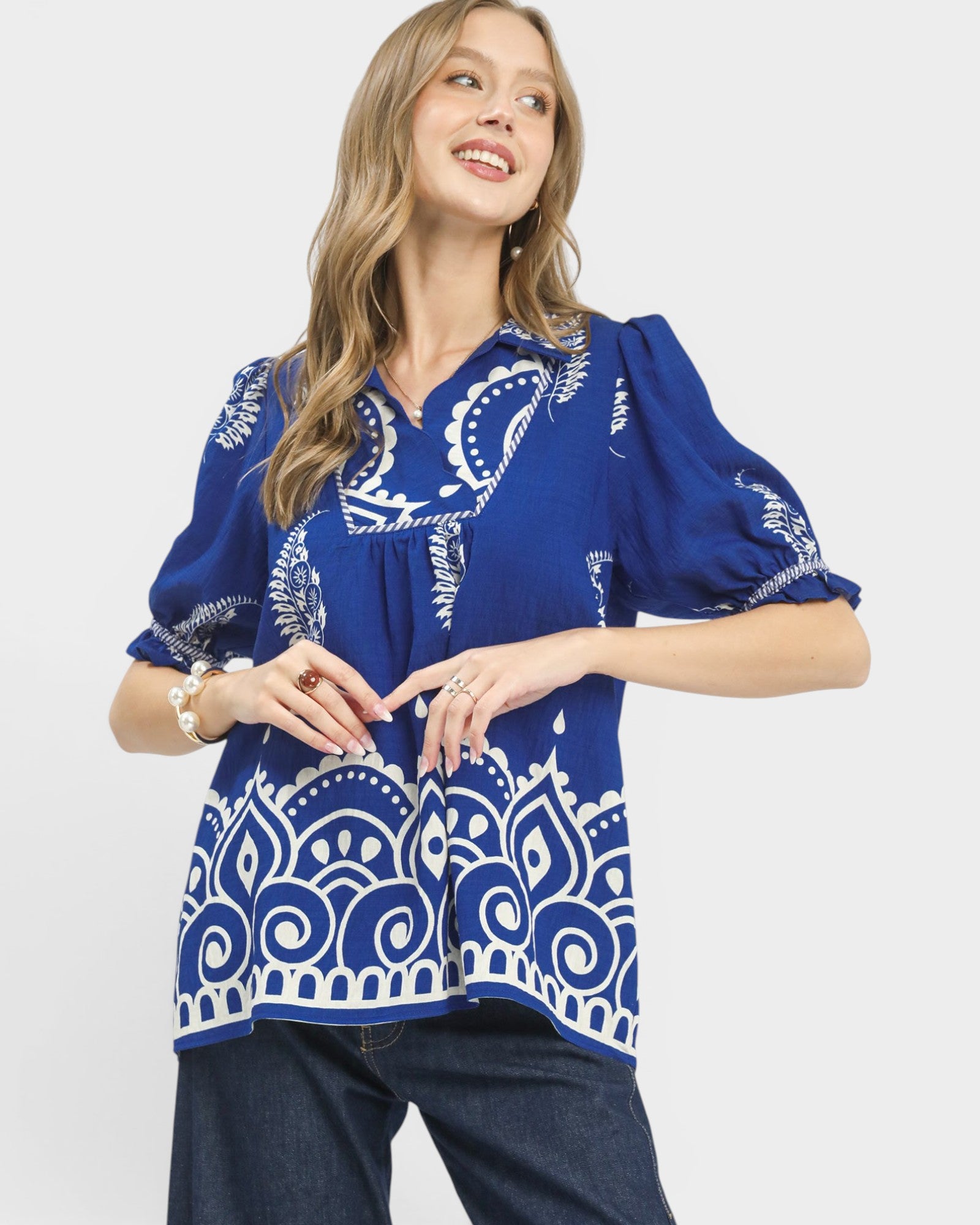 Royal Blue Boho Print Blouse