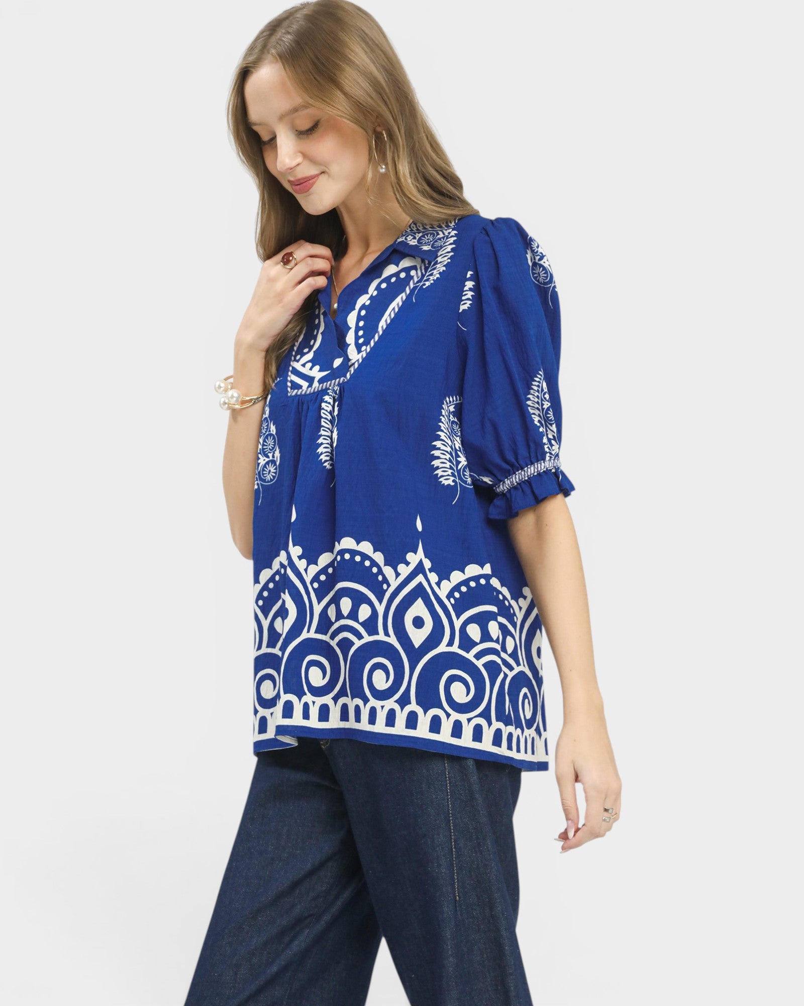 Royal Blue Boho Print Blouse