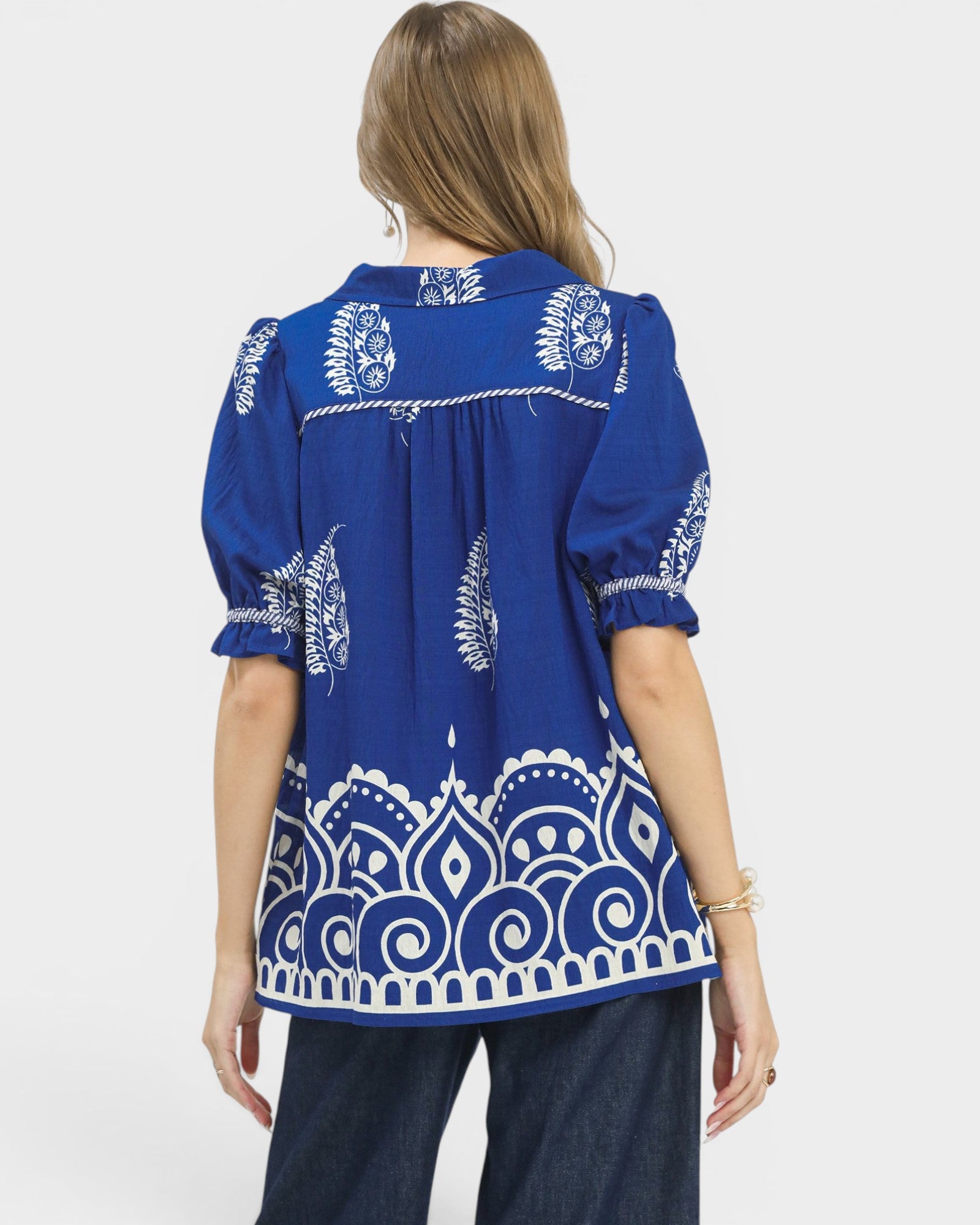 Royal Blue Boho Print Blouse