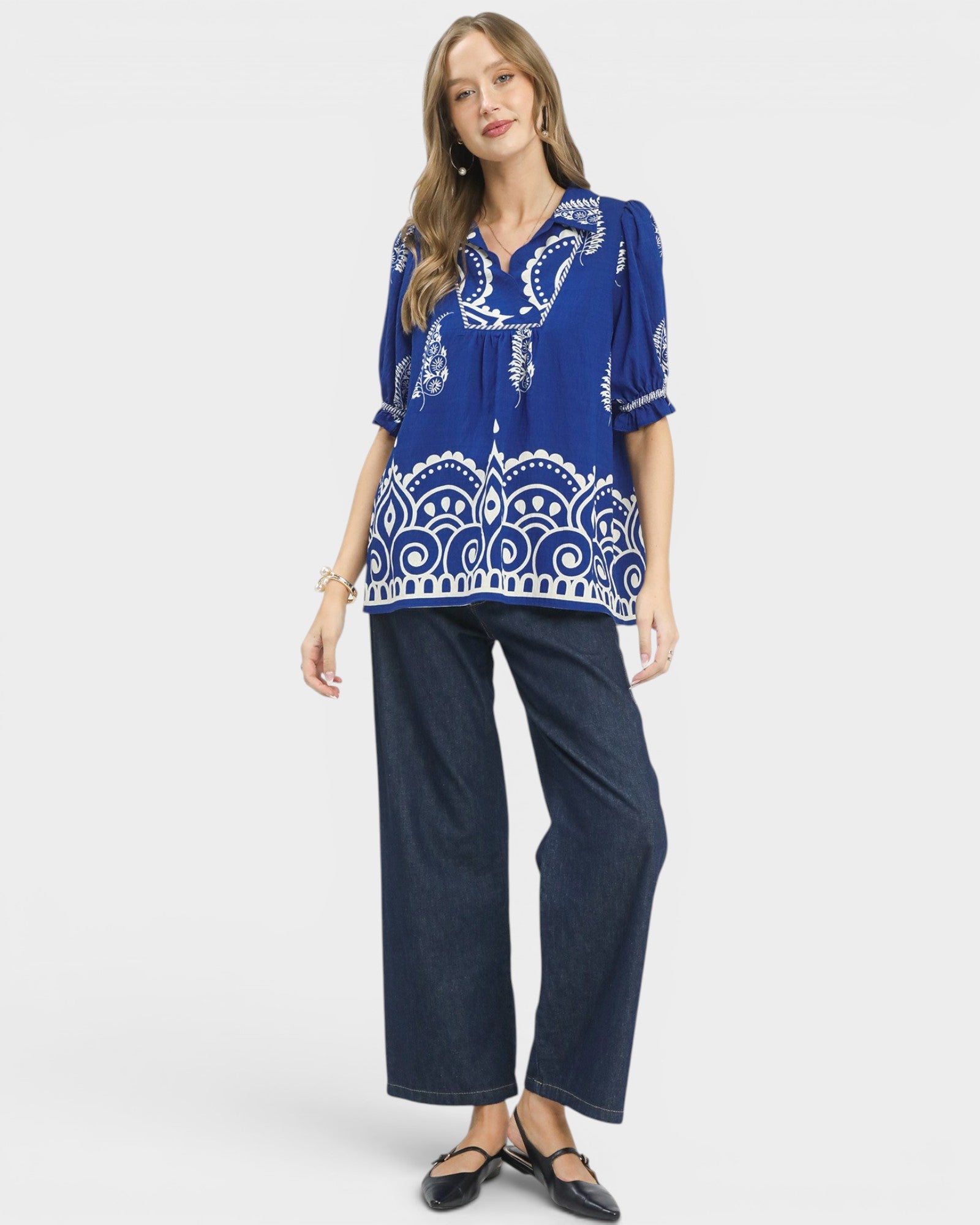 Royal Blue Boho Print Blouse