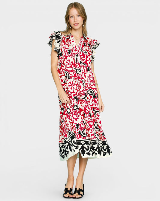 Red & Black Printed Midi Dress