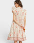 Woman wearing a floral dress with a plain background