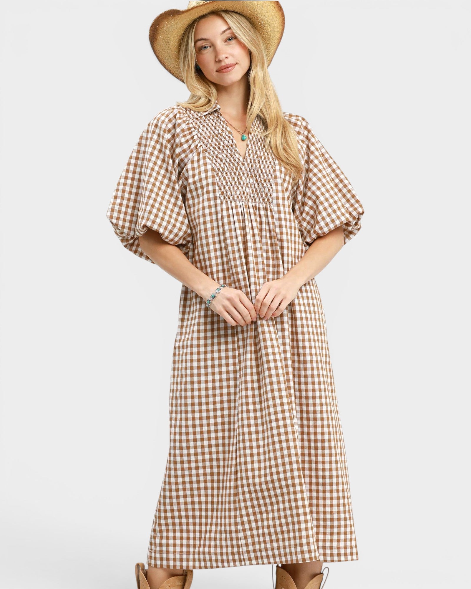 Brown Gingham Smocked Midi Dress