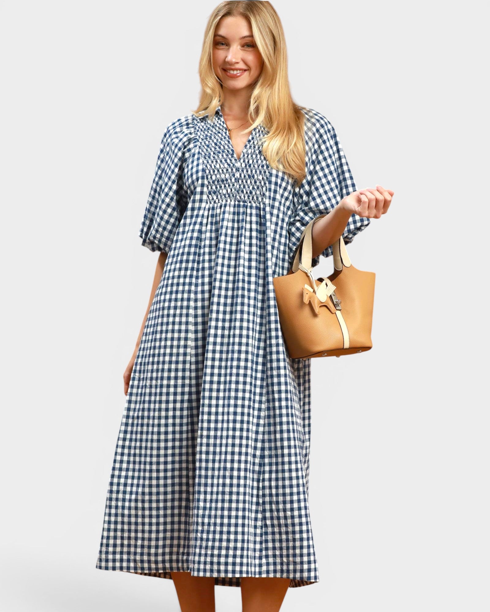 Denim Blue Gingham Smocked Midi Dress