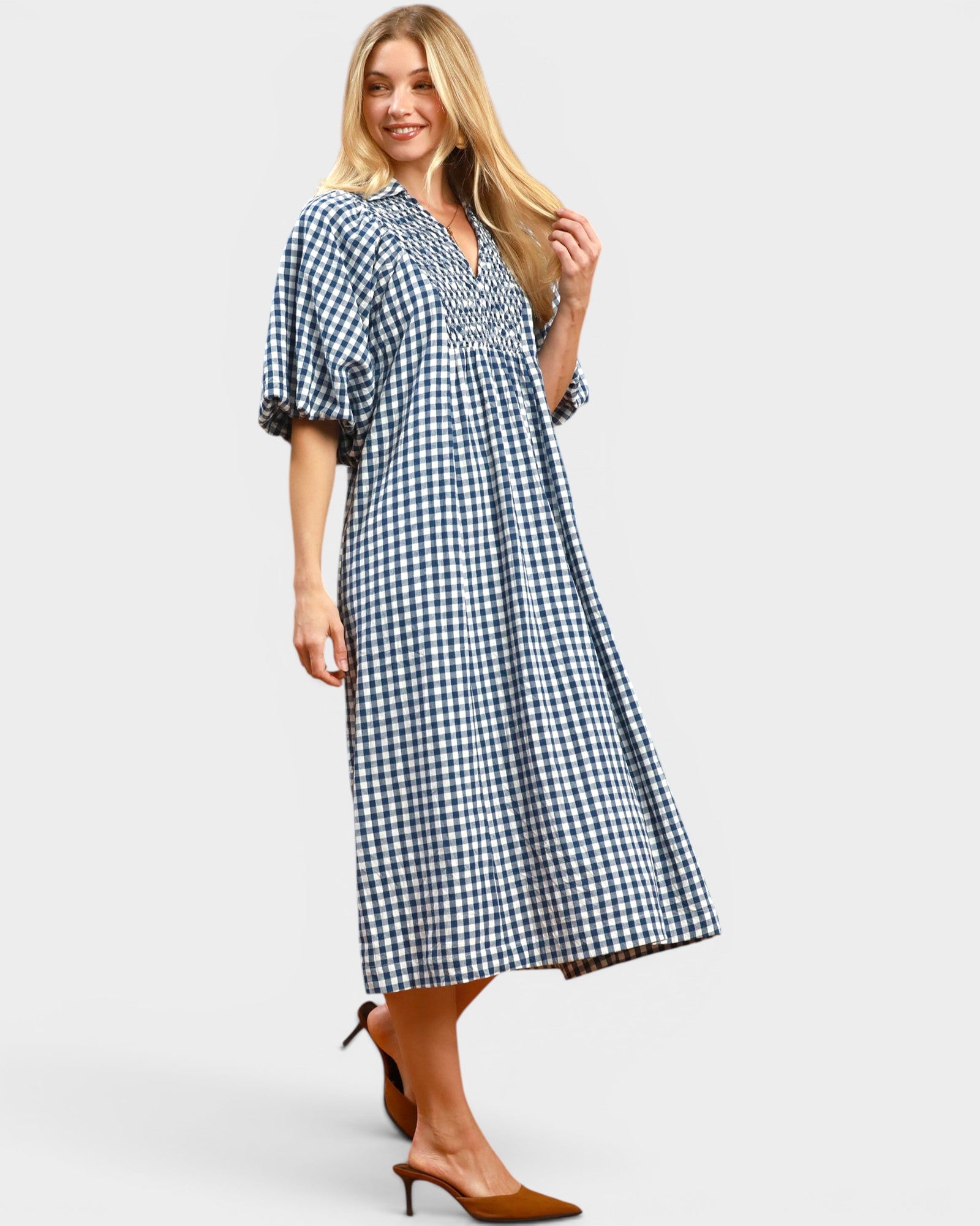 Denim Blue Gingham Smocked Midi Dress