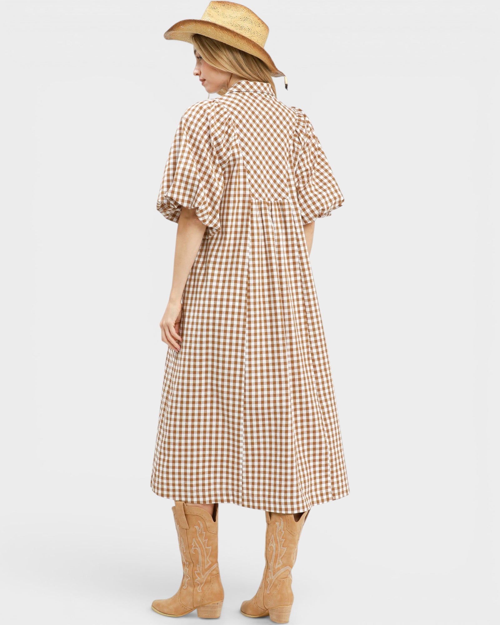 Brown Gingham Smocked Midi Dress