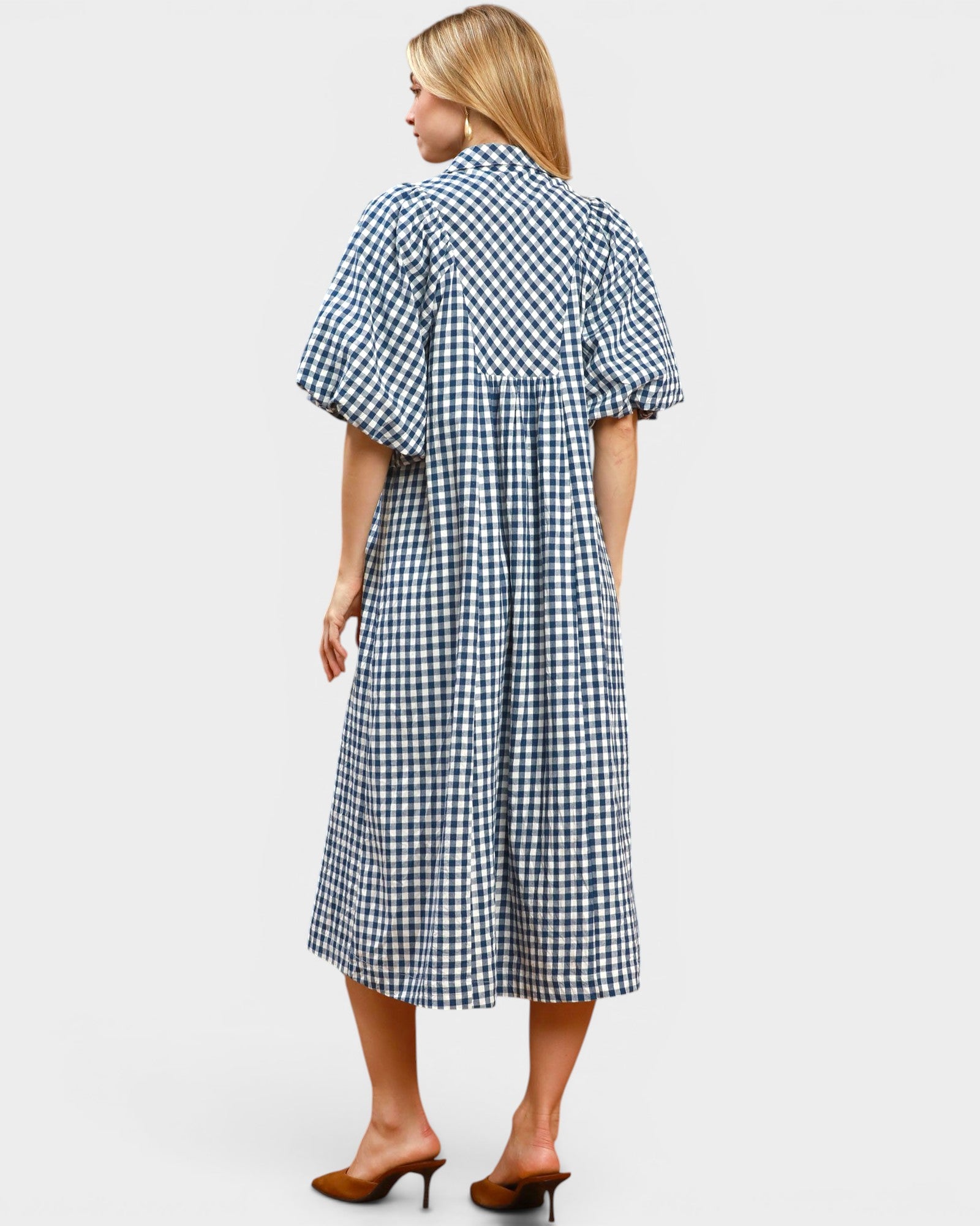Denim Blue Gingham Smocked Midi Dress