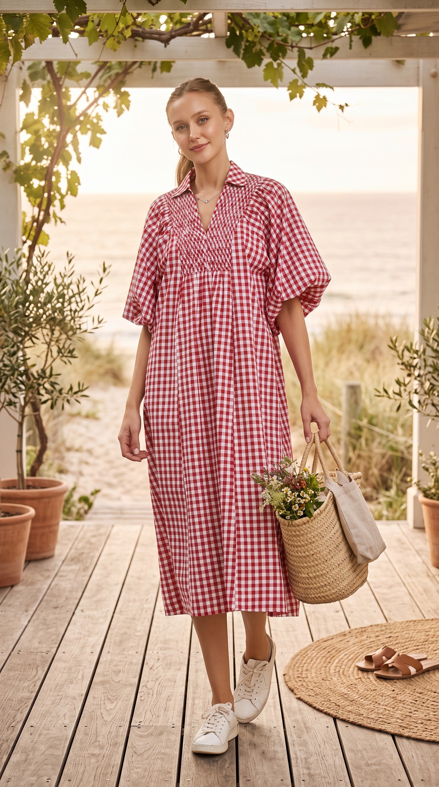A woman stands on a wooden deck wearing a red and white gingham midi dress with puff sleeves, holding a woven tote bag with flowers. The background shows a beach scene through a porch opening with potted plants and a round woven rug.