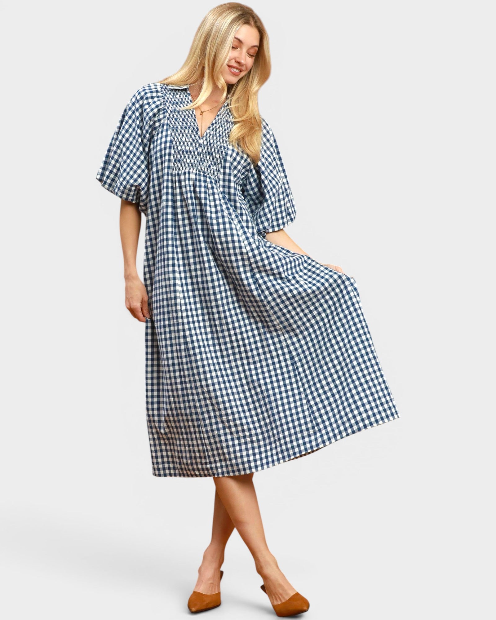 Denim Blue Gingham Smocked Midi Dress