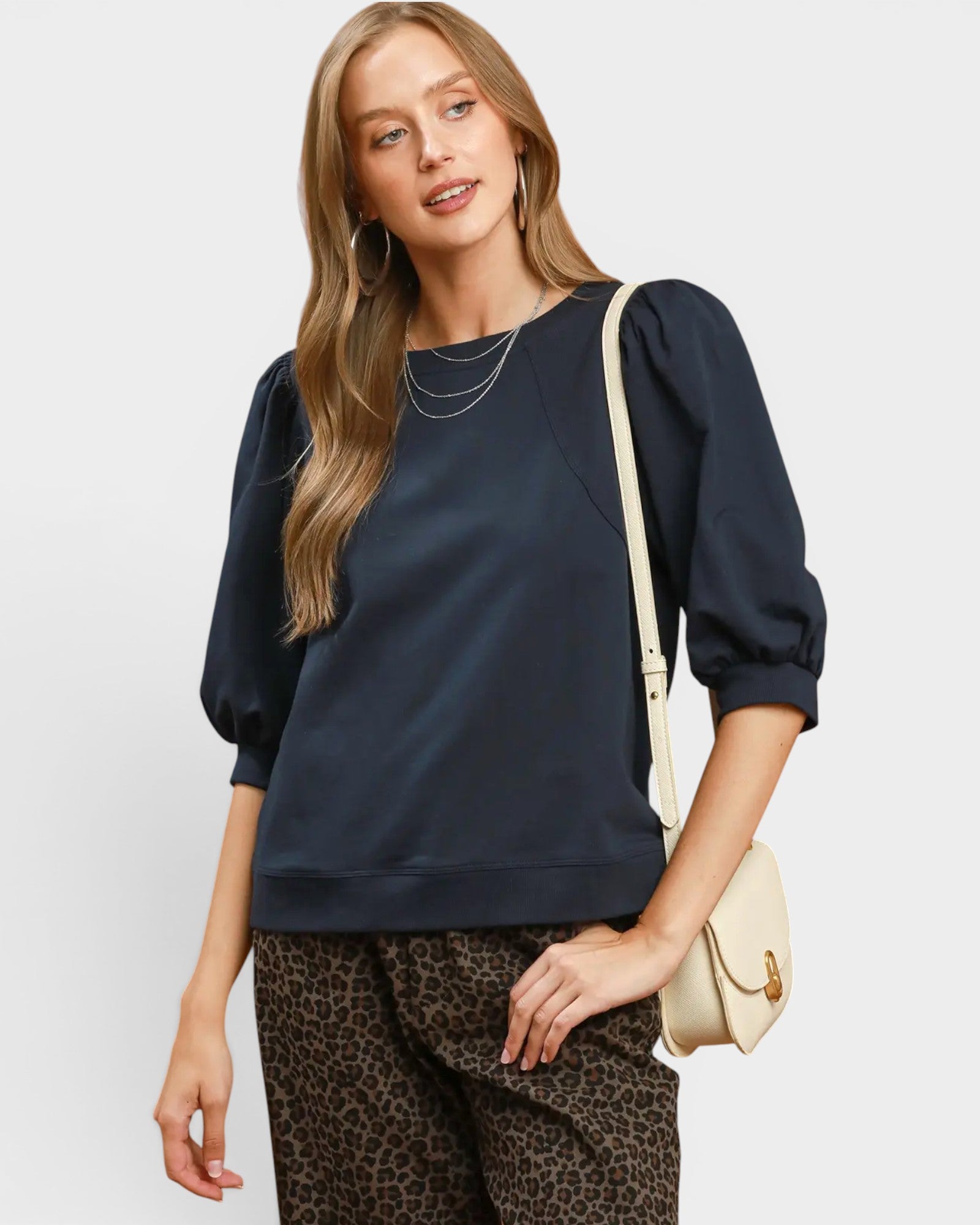 Navy Puff Sleeve Cotton Top