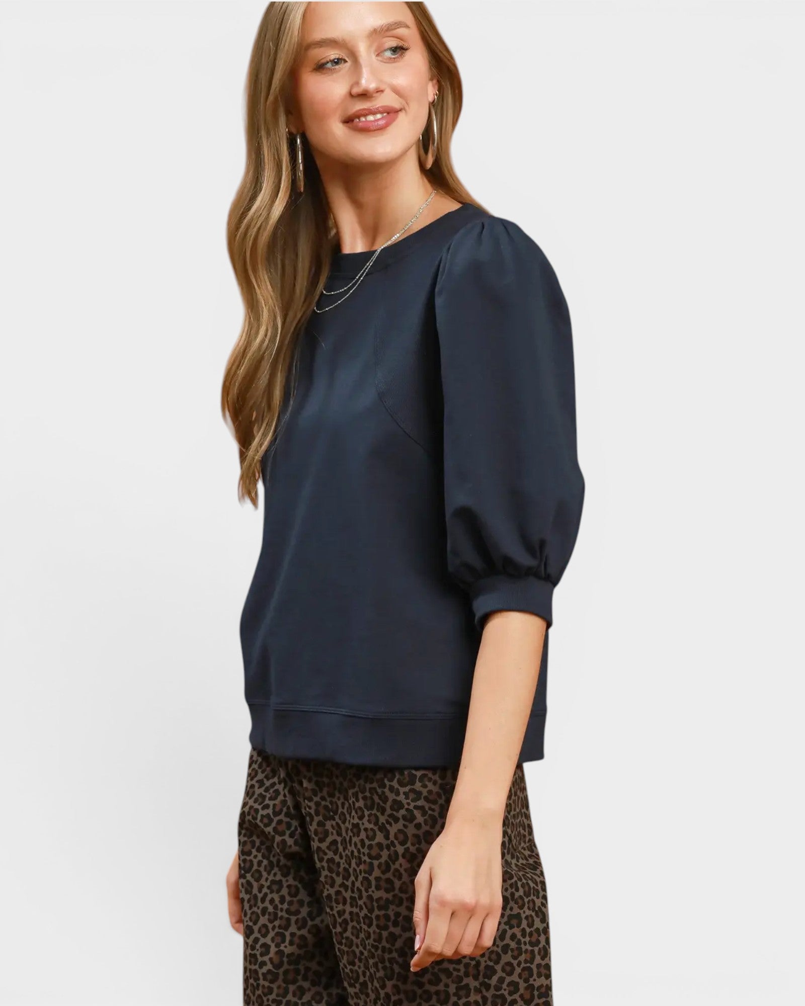 Navy Puff Sleeve Cotton Top