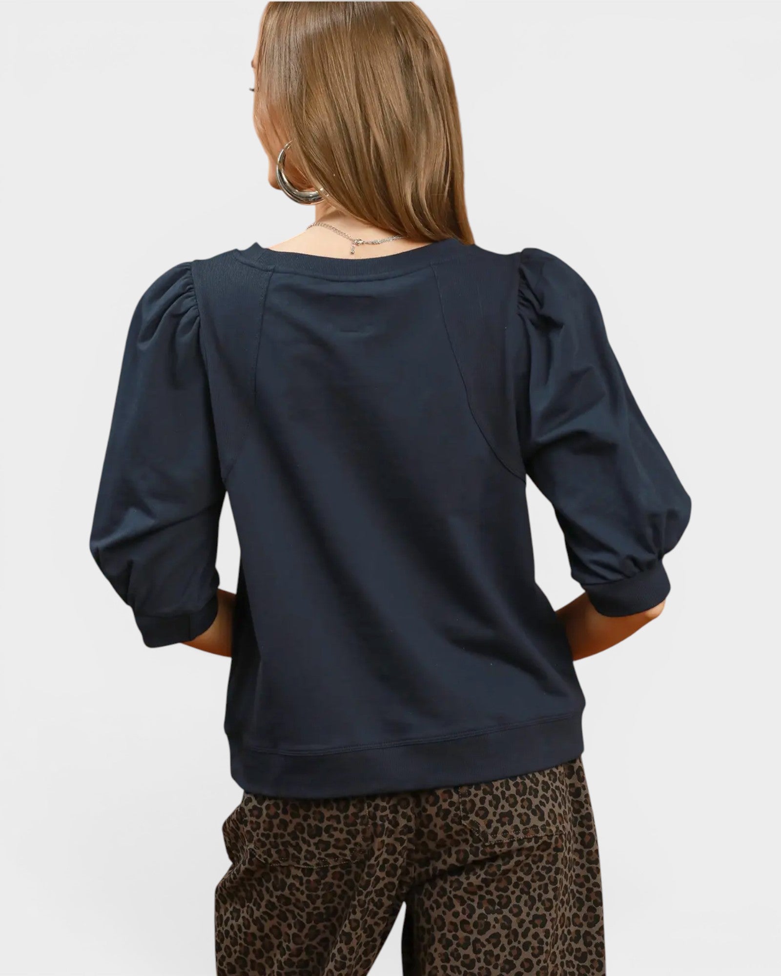 Navy Puff Sleeve Cotton Top