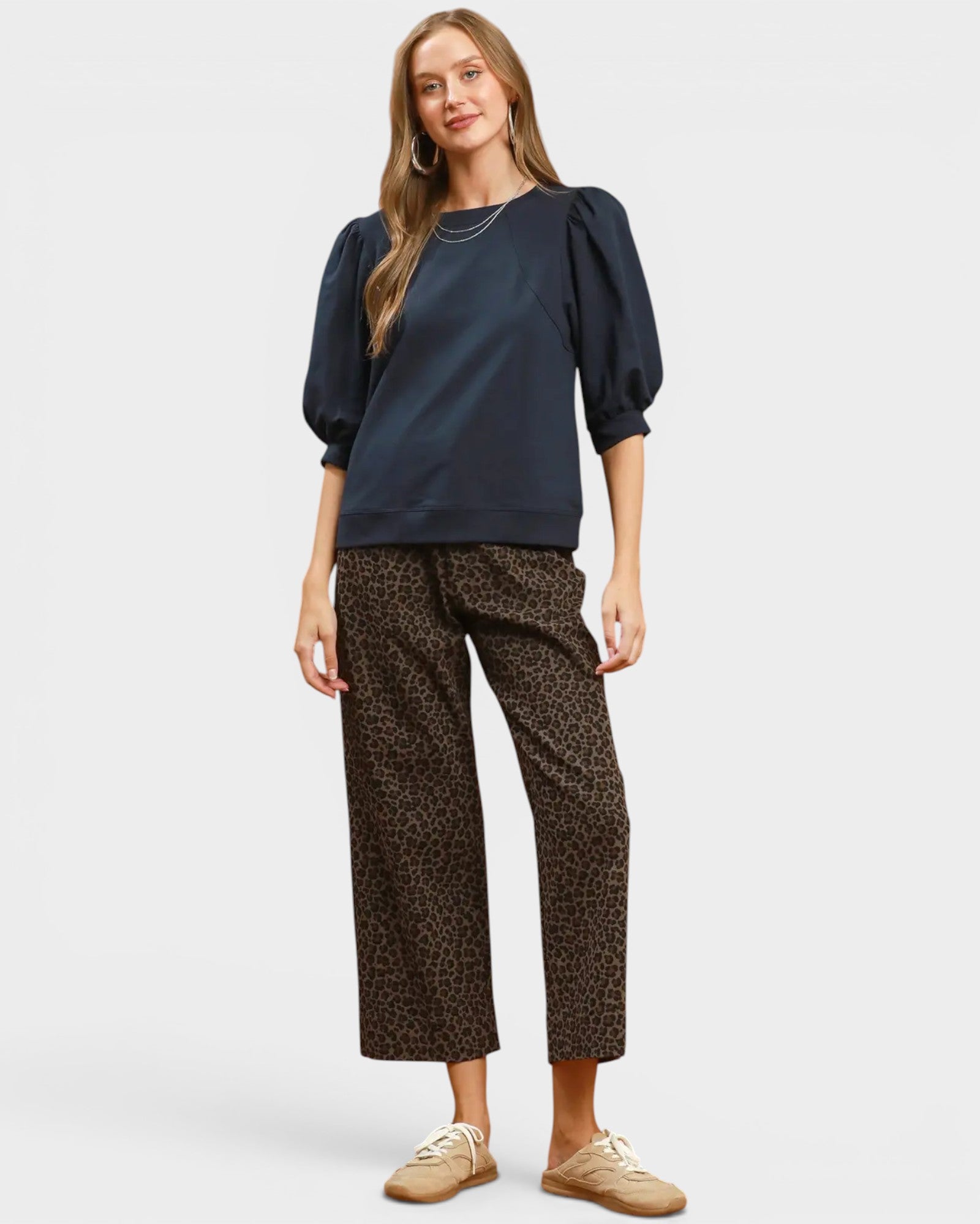 Navy Puff Sleeve Cotton Top