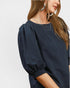Navy Puff Sleeve Cotton Top