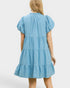 Light blue dress with ruffled layers on a white background