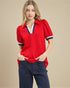 Red Zip Contrast Trim Puff Sleeve Top