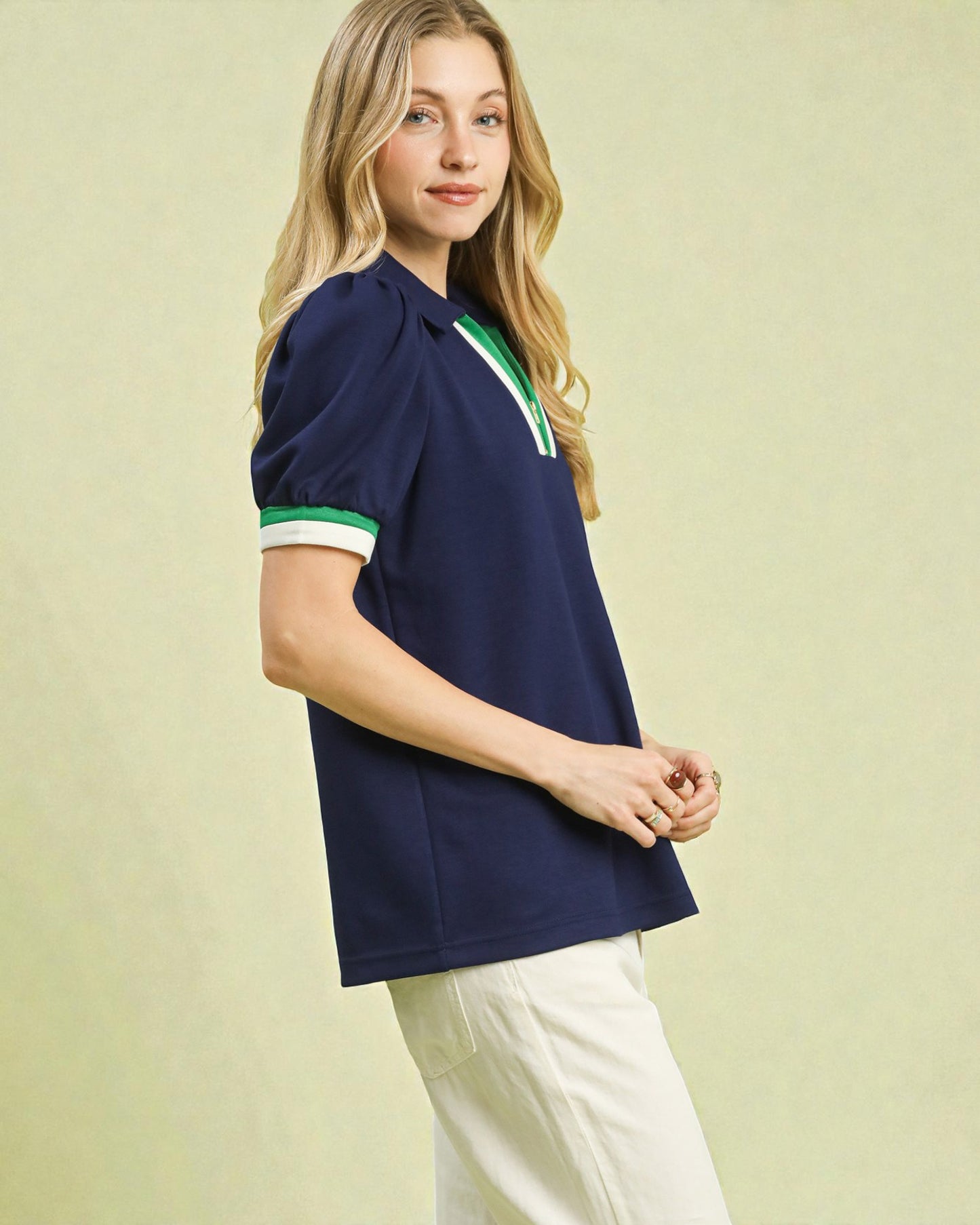 Navy Zip Contrast Trim Puff Sleeve Top