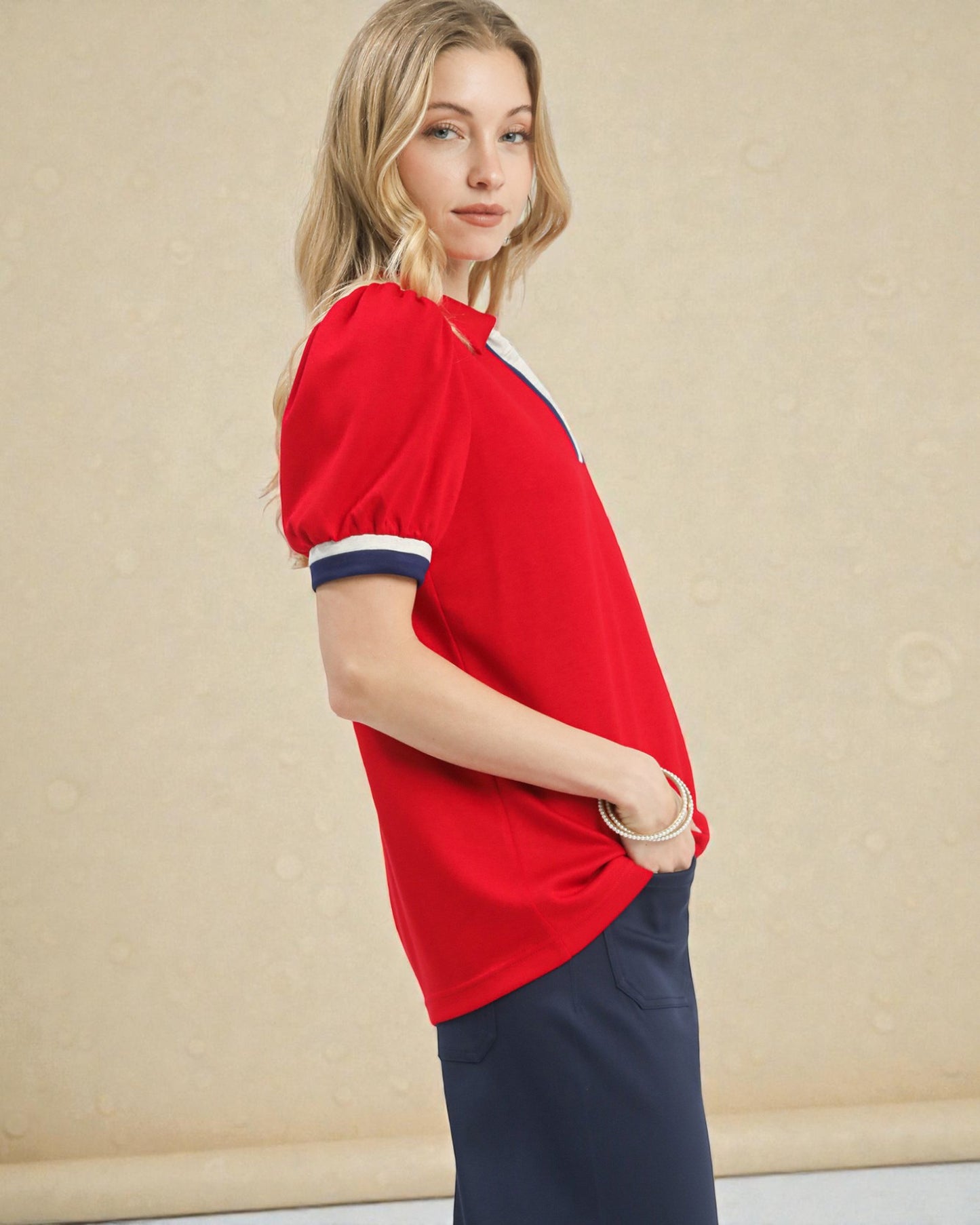 Red Zip Contrast Trim Puff Sleeve Top