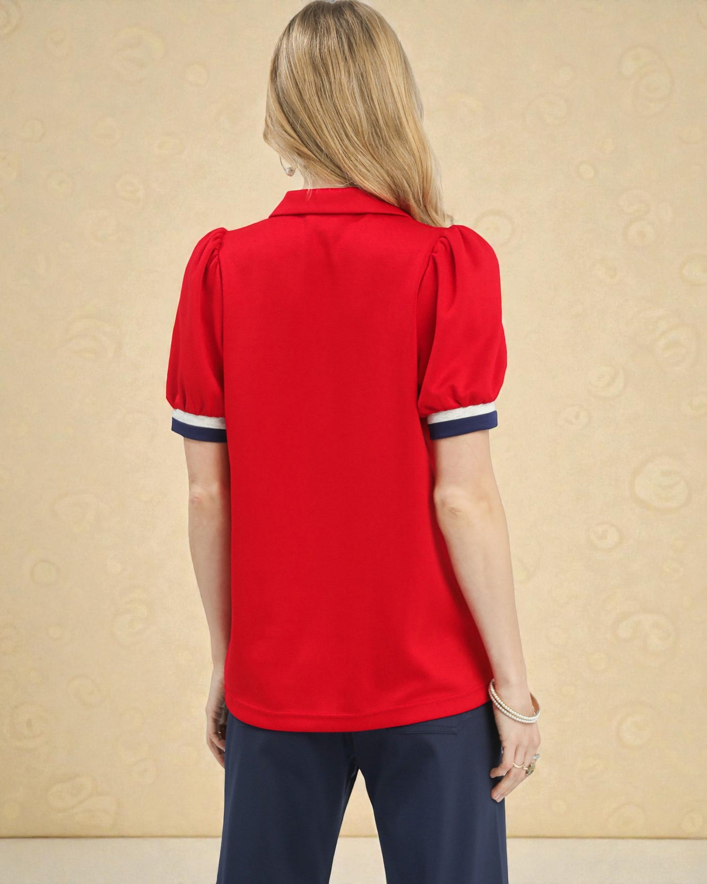 Red Zip Contrast Trim Puff Sleeve Top