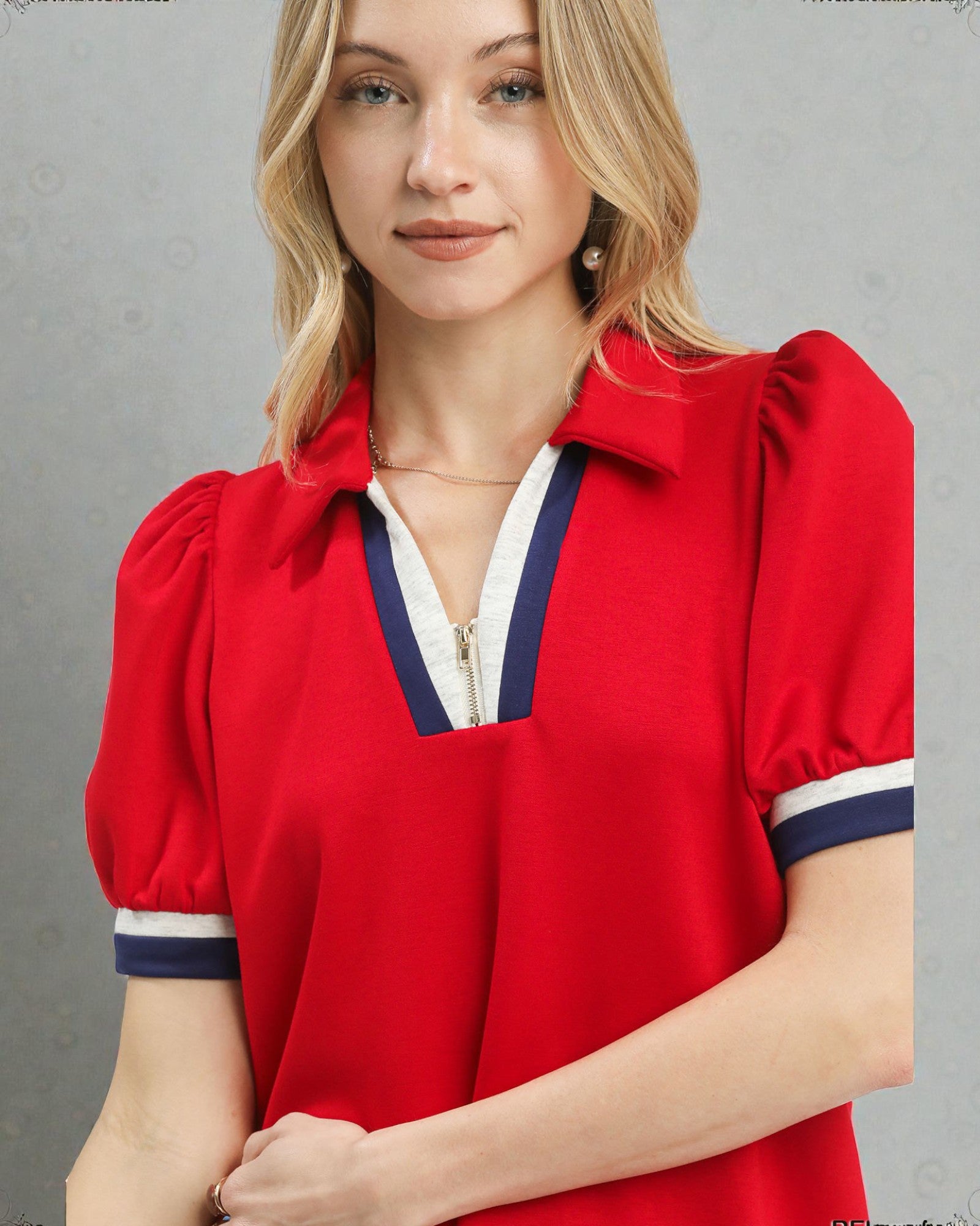 Red Zip Contrast Trim Puff Sleeve Top