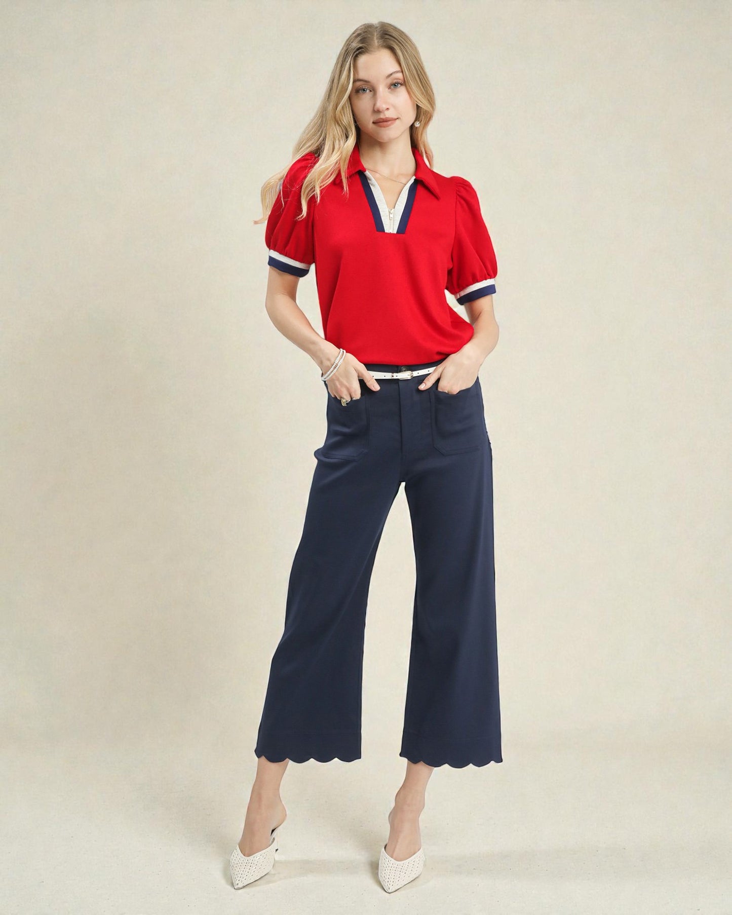 Red Zip Contrast Trim Puff Sleeve Top