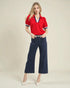 Red Zip Contrast Trim Puff Sleeve Top