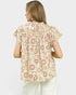 Woman wearing a floral patterned top on a white background