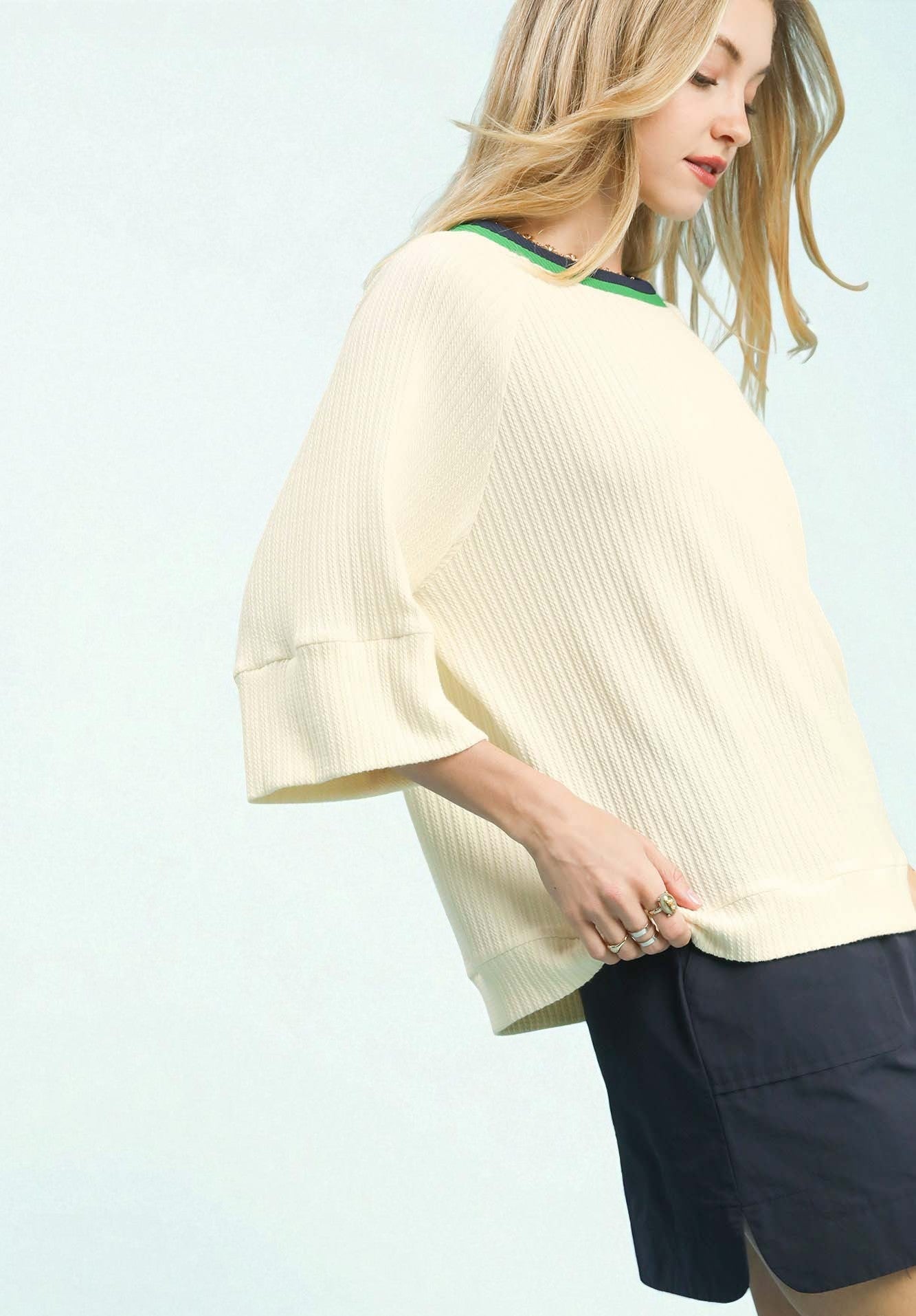 Ivory & Green Trim Knit Top