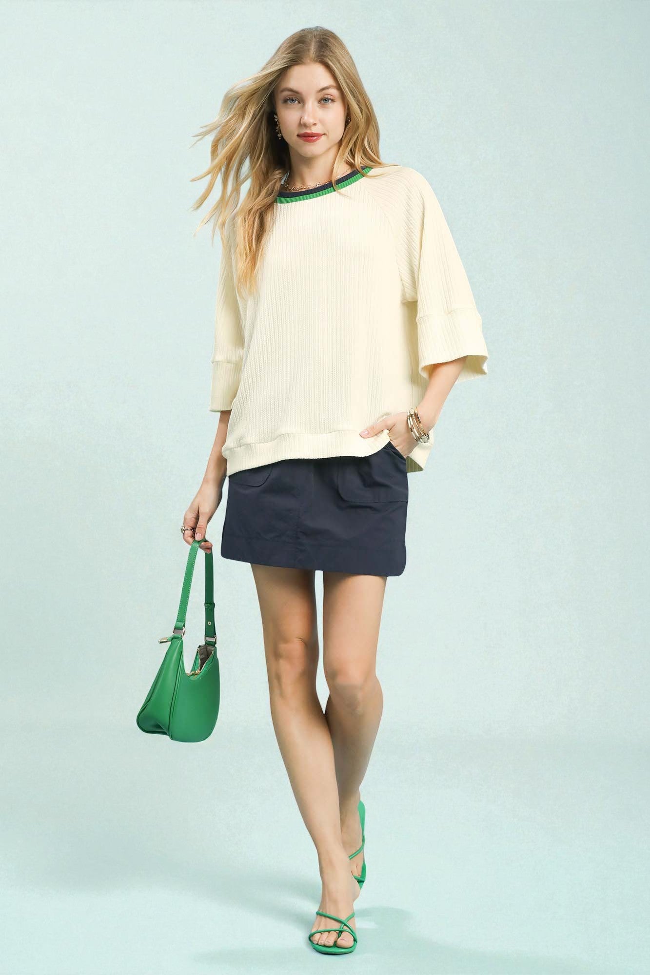 Ivory & Green Trim Knit Top