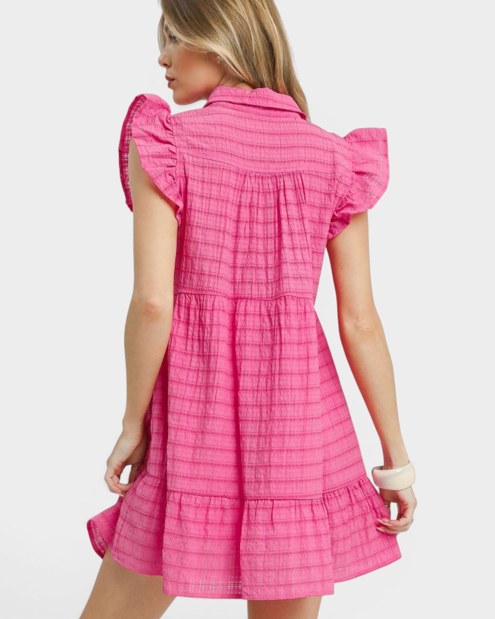 Pink Plaid Ruffle Sleeve Mini Dress