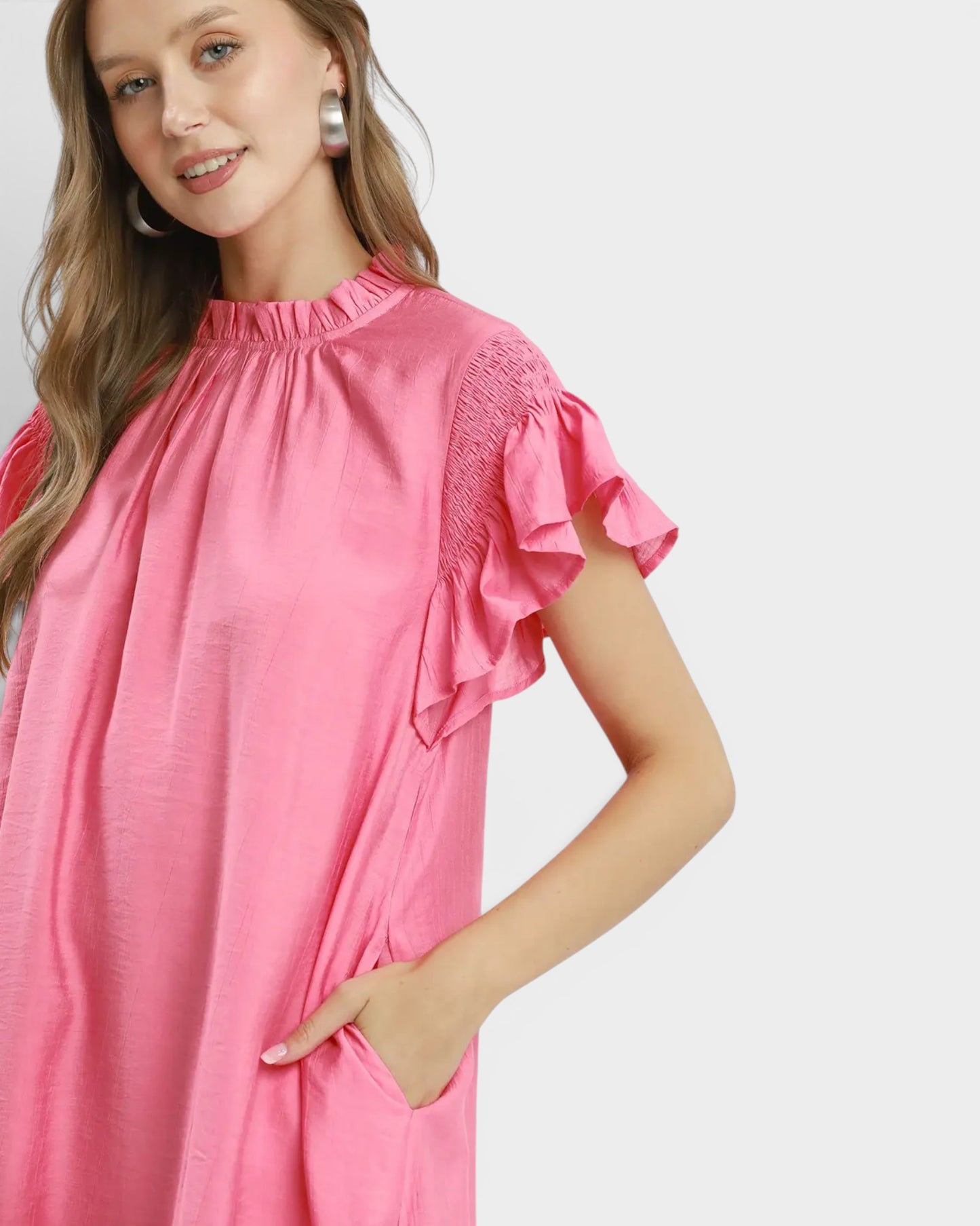 Bubblegum Pink Flutter Sleeve Mini Dress