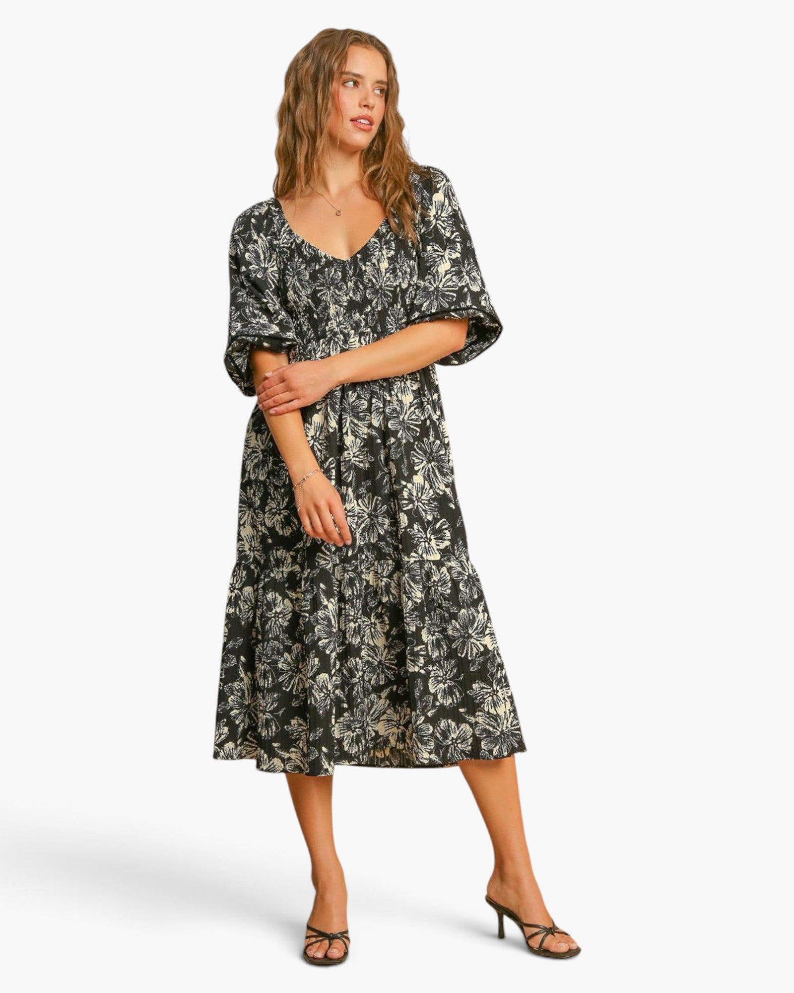 Black Floral Smocked-Back Midi Dress