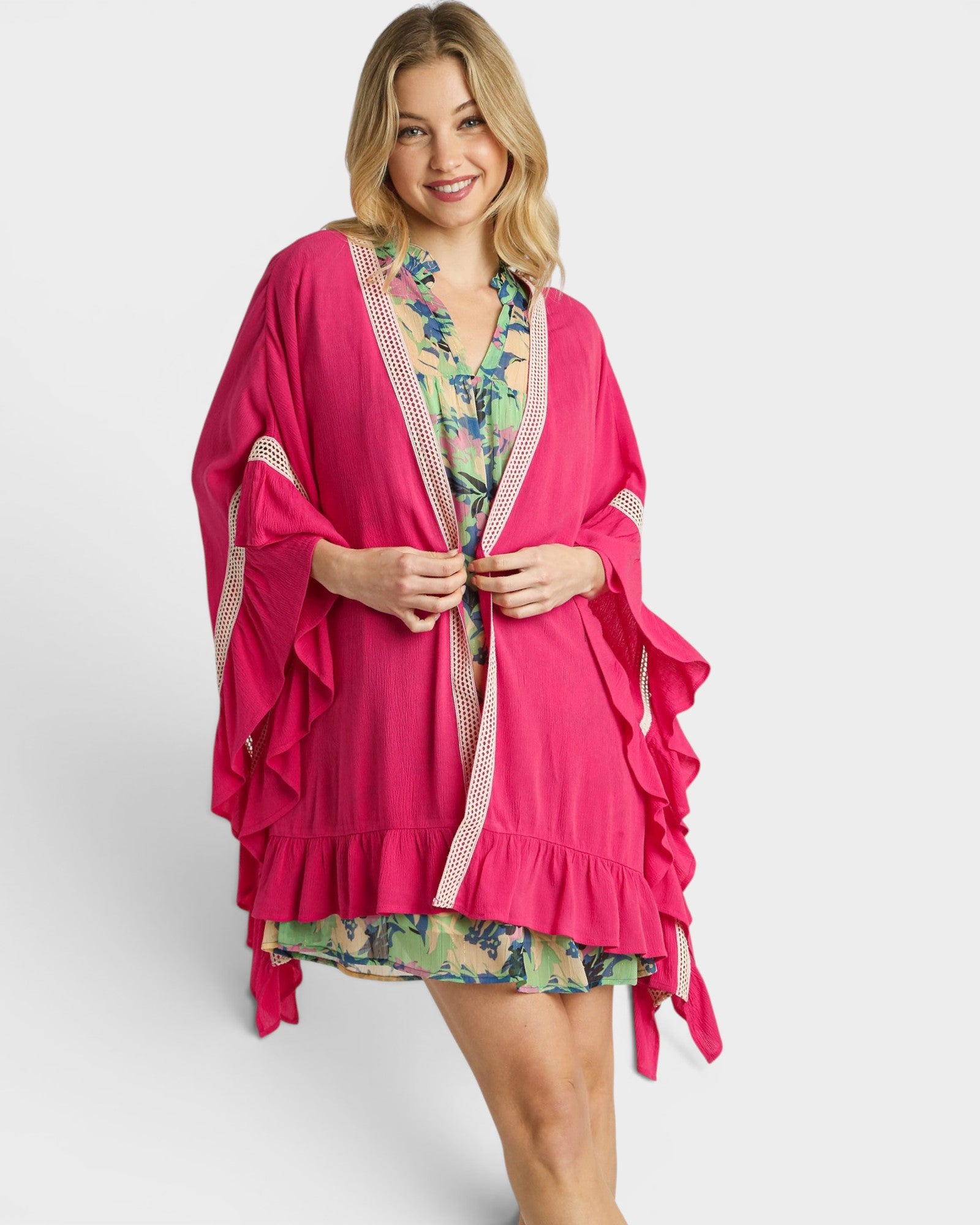 Fuchsia Ruffle Sleeve Kimono Topper