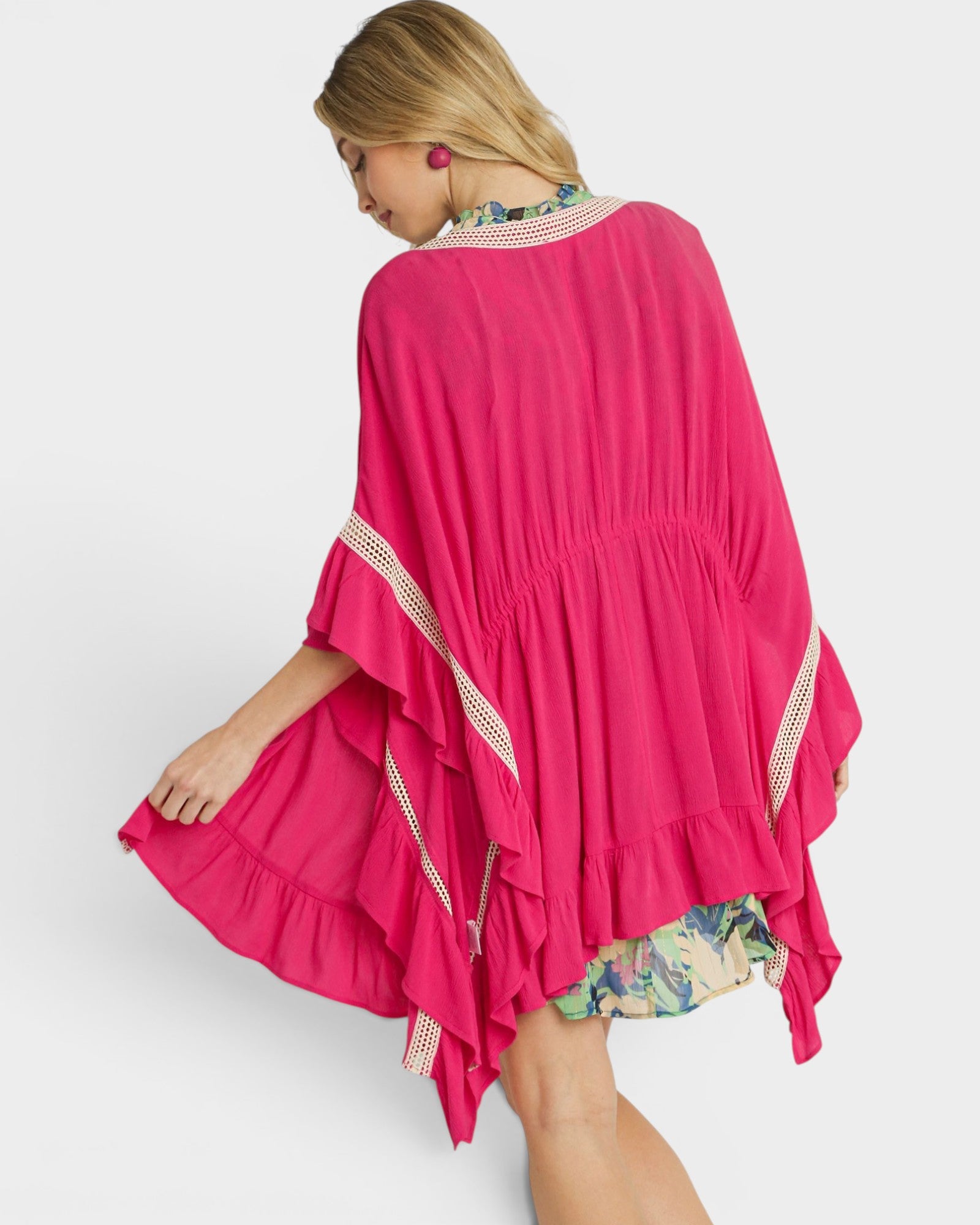 Fuchsia Ruffle Sleeve Kimono Topper