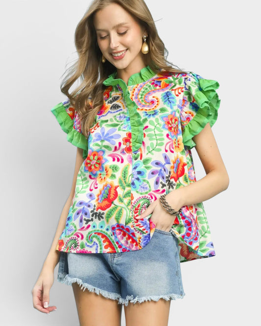 Ivory Multi Floral Ruffle Sleeve Top
