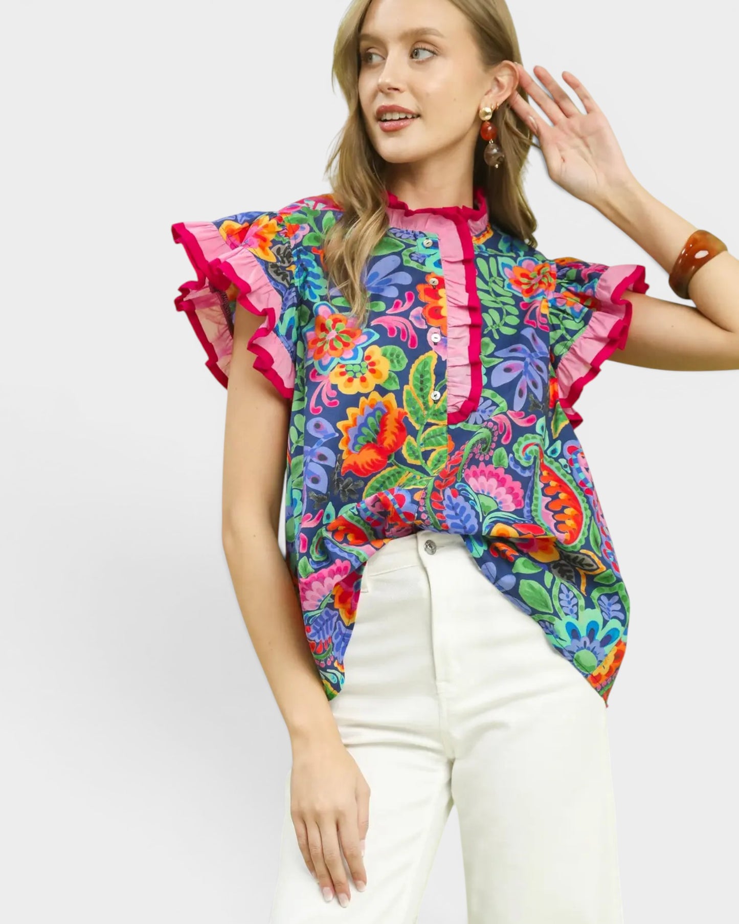 Navy Multi Floral Ruffle Sleeve Top