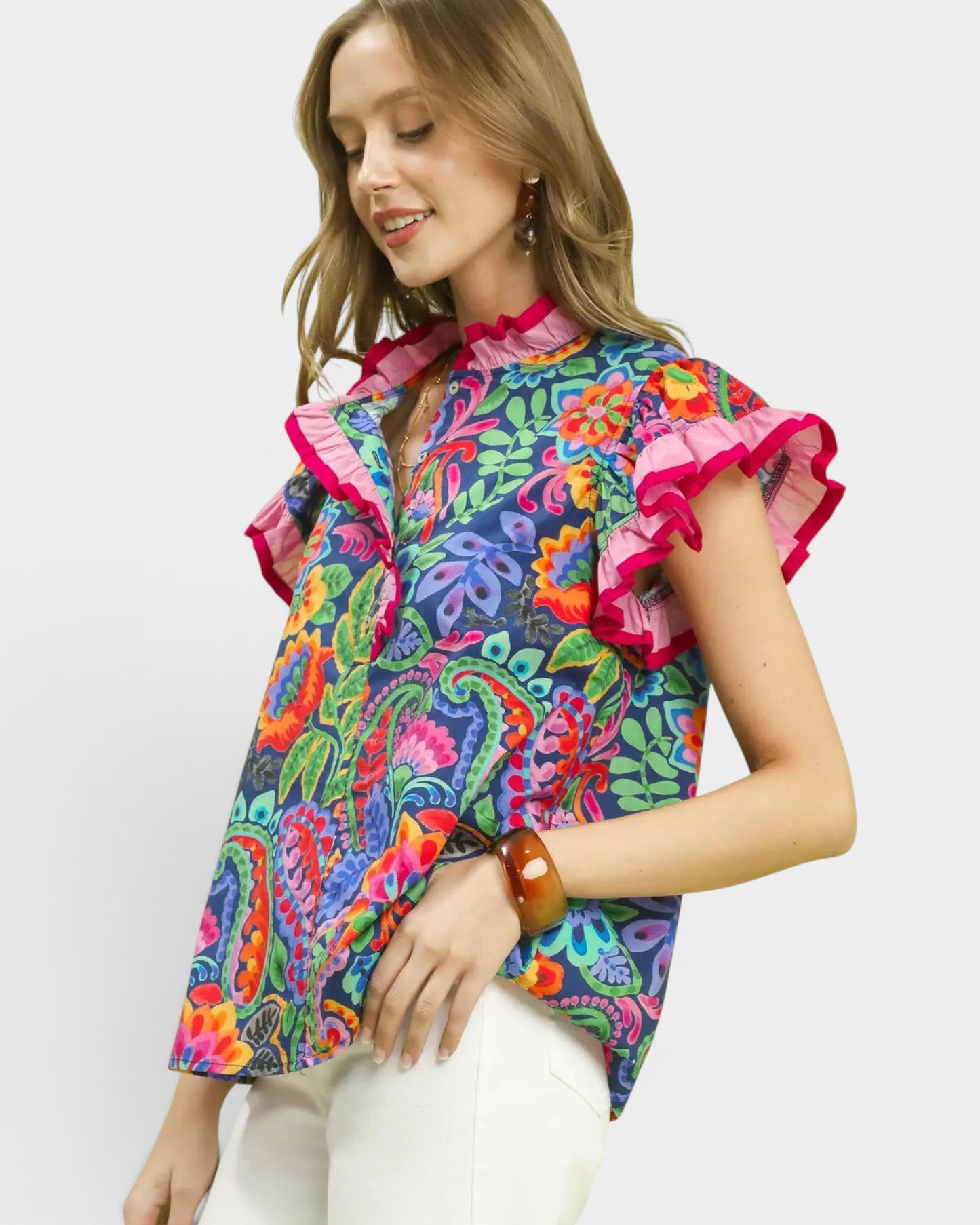 Navy Multi Floral Ruffle Sleeve Top