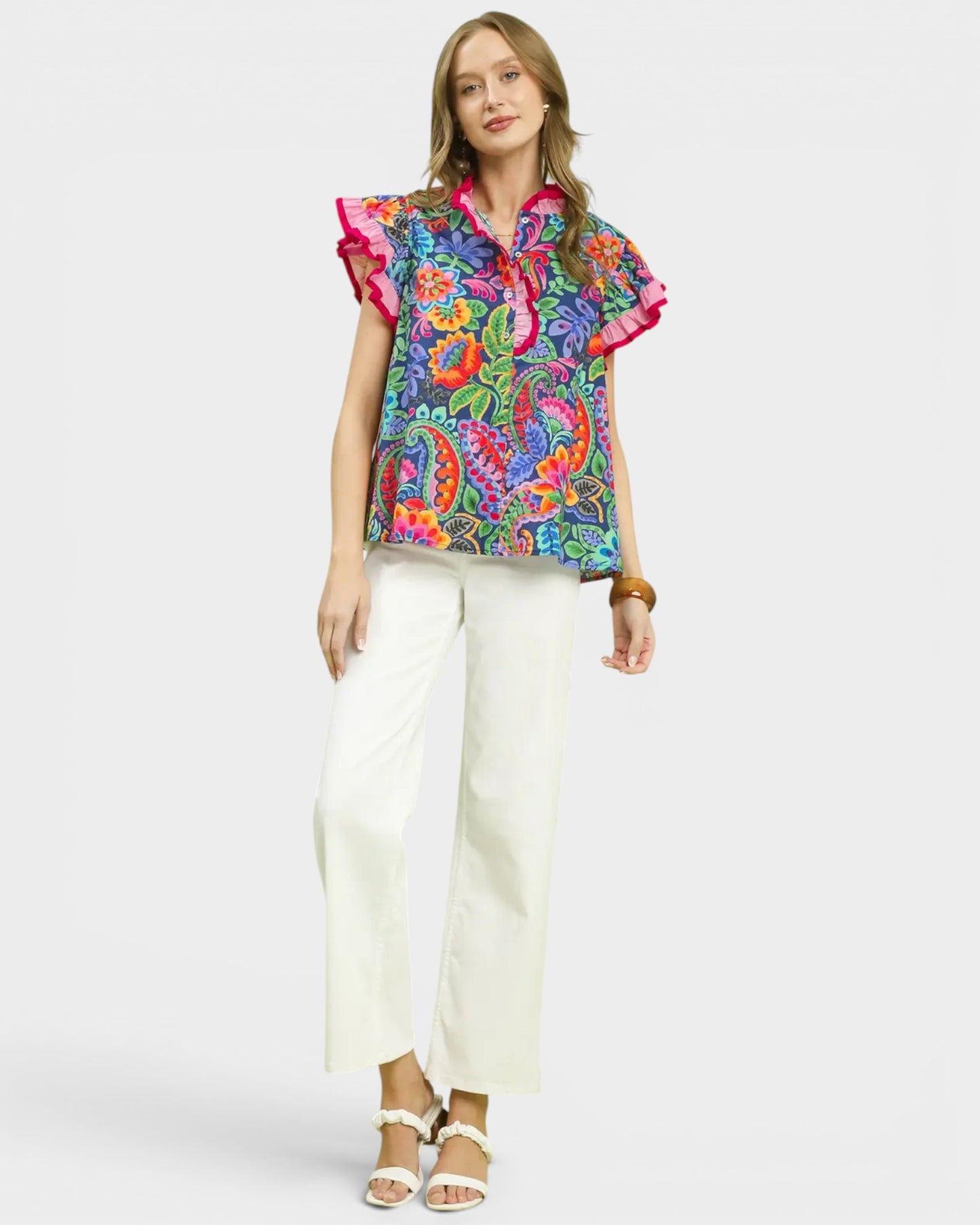 Navy Multi Floral Ruffle Sleeve Top