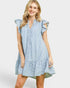 Woman wearing a blue and white striped dress on a white background