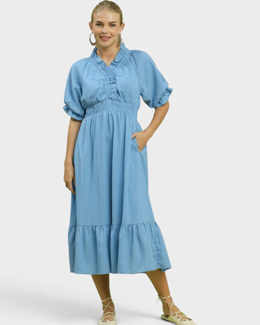 Sky Blue Smocked Waist Midi Dress