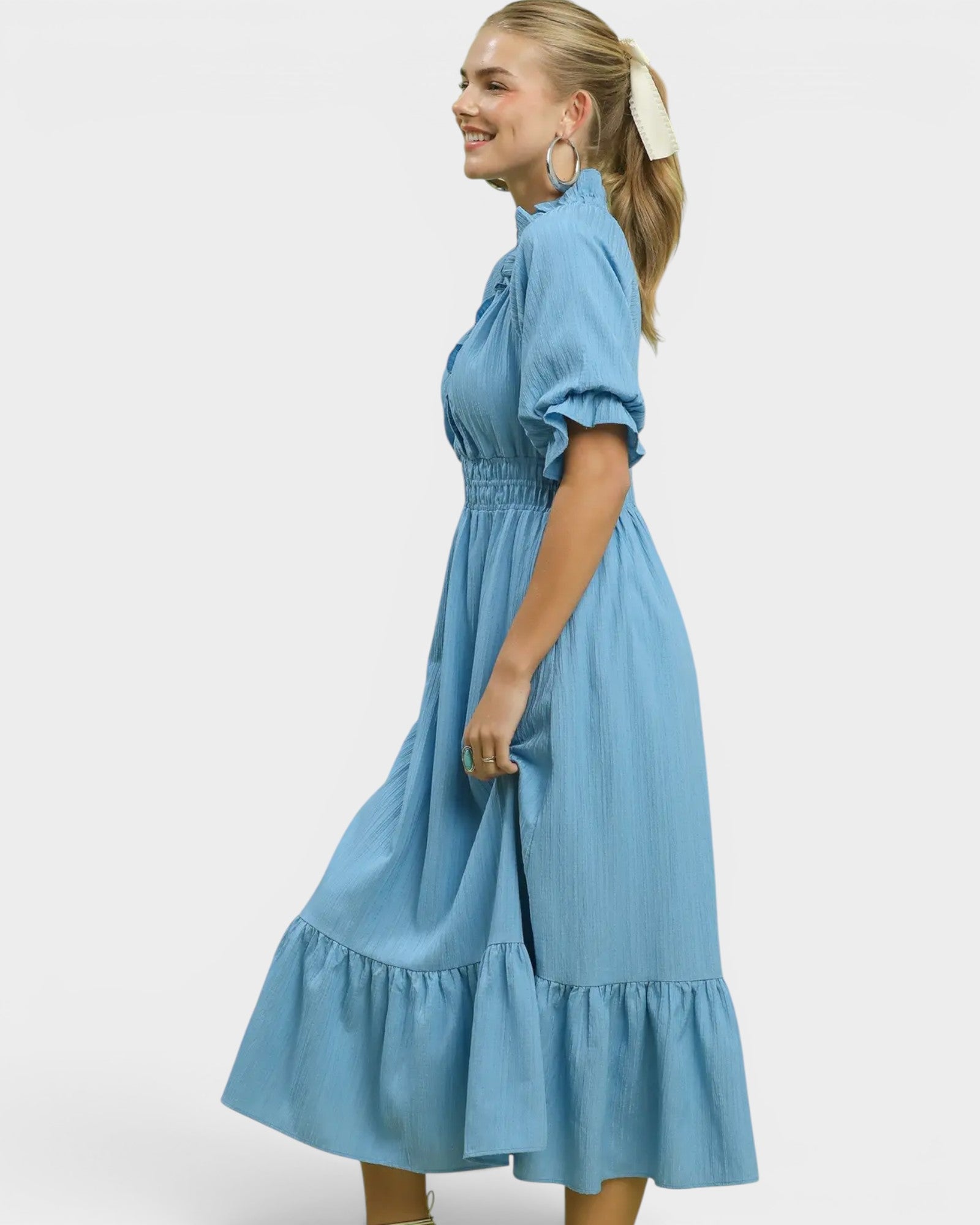 Sky Blue Smocked Waist Midi Dress