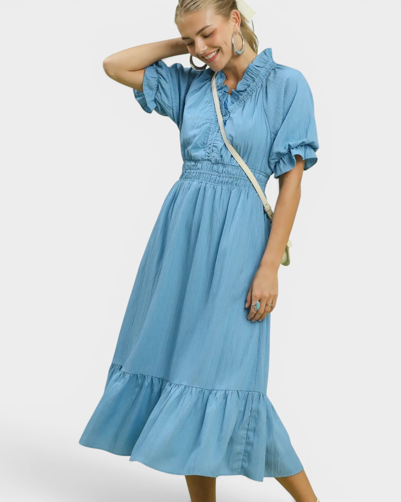 Sky Blue Smocked Waist Midi Dress