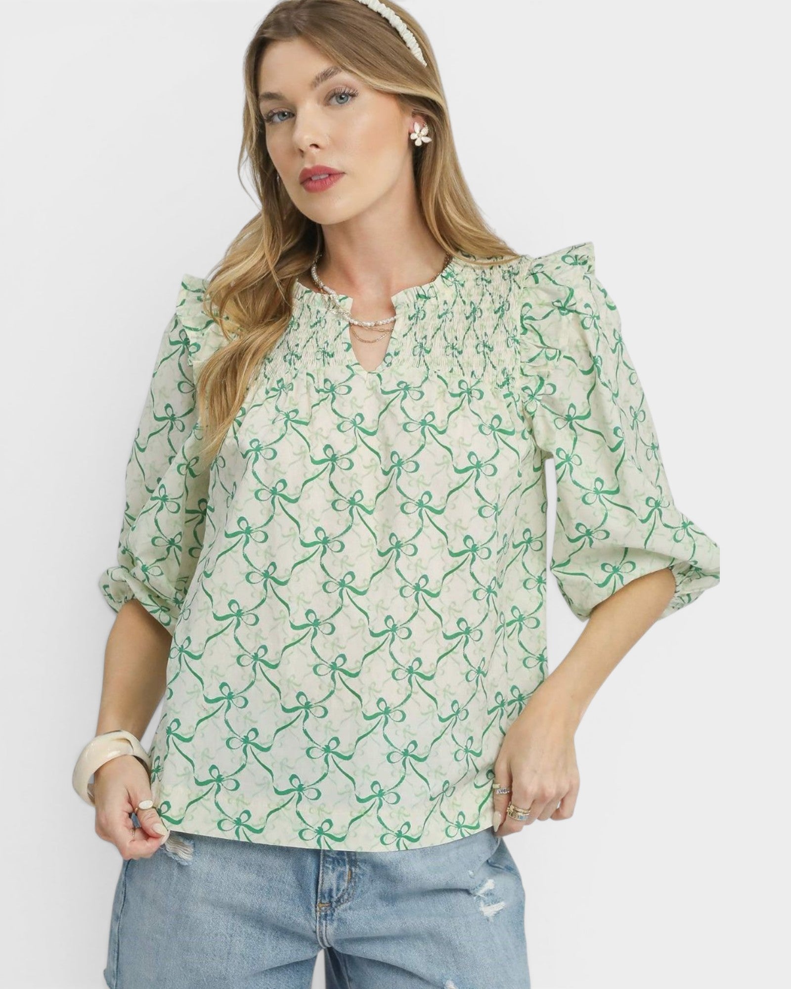 Sage Bow Print Ruffle Blouse