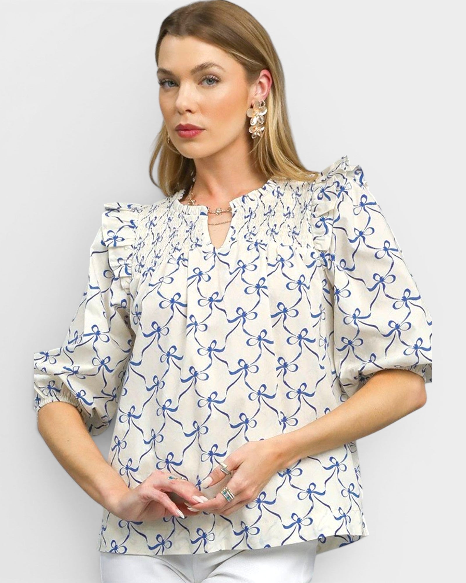 Blue Bow Print Ruffle Blouse