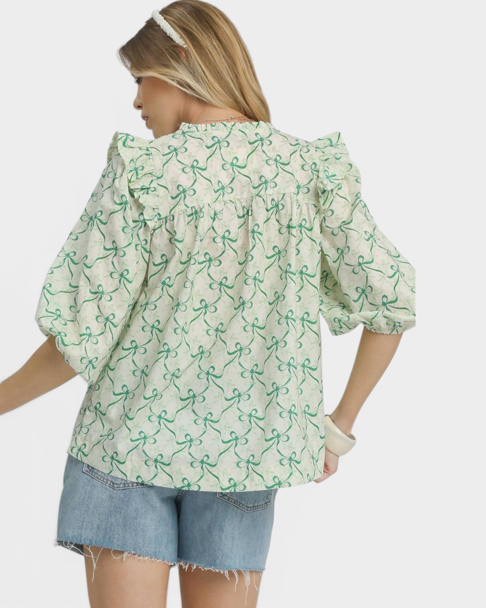 Sage Bow Print Ruffle Blouse
