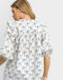 Blue Bow Print Ruffle Blouse